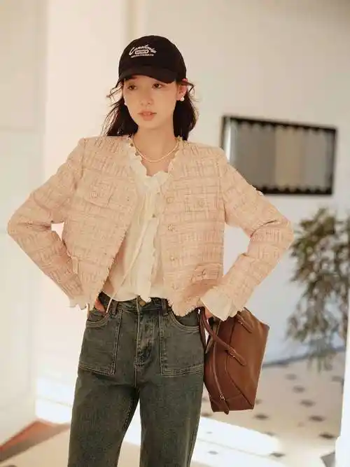 mixabo复古粉色法式小香风外套女长袖2022秋新款流苏圆领西装短款