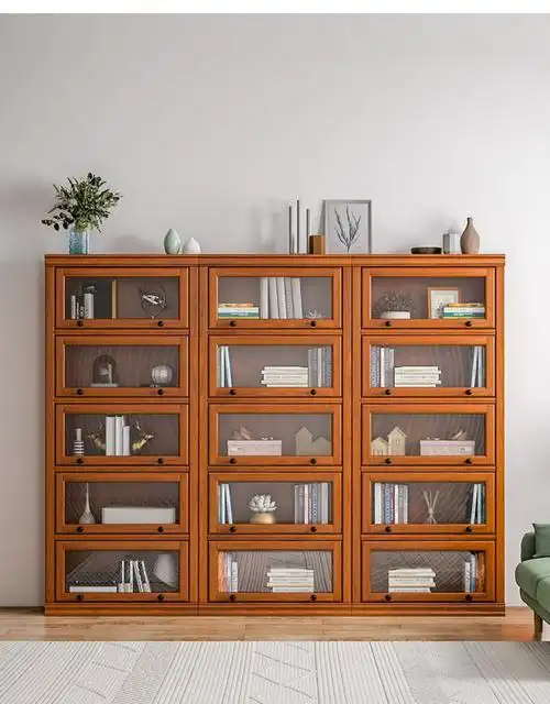 美式书柜置物架带门玻璃门落地实木书橱一体展示柜客厅转角储物柜