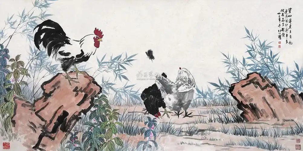 1025 竹石三鸡 设色纸本