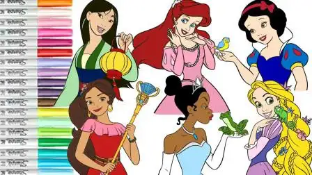 儿童益智亲子画画:给漂亮的迪士尼公主花木兰,蒂安娜公主涂颜色