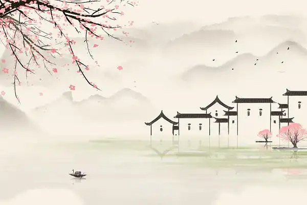 江南水乡水墨插画手绘古风风景背景写意山水徽派建筑