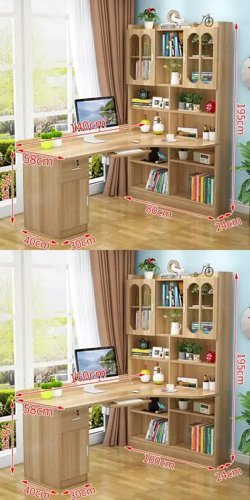 寻木匠实木书桌家用卧室转角台式电脑桌书架书柜一体组合写字桌