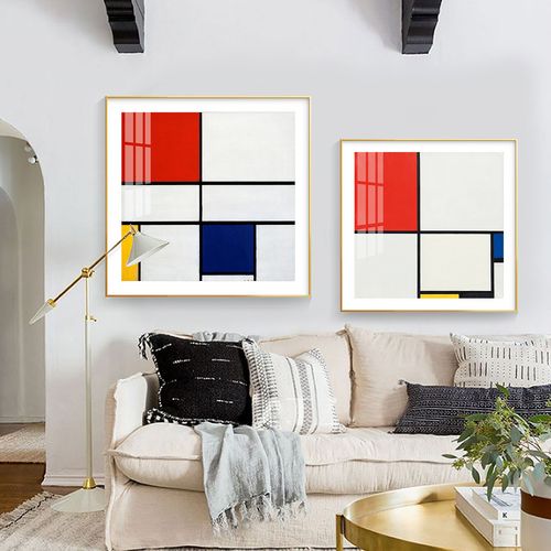 蒙德里安红黄蓝色块抽象几何装饰画客厅儿童房挂墙画电表箱镜面画