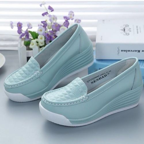 春秋泡泡纹厚底松糕鞋防水台真皮浅口单鞋女坡跟轻底软面增高女鞋