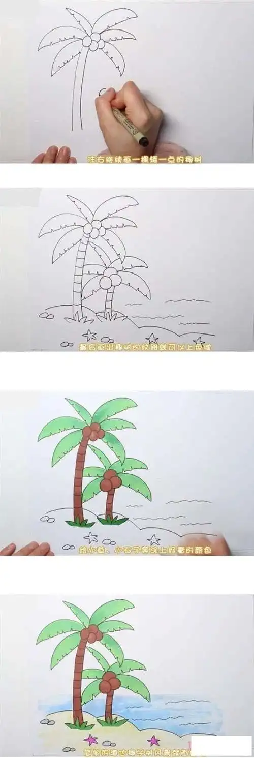 海滩椰子树怎么画涂色简单步骤教程