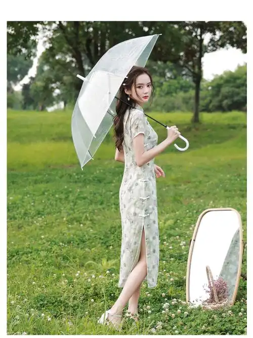 皮尔卡丹老上海手工真丝绿色旗袍2022年新款长款修身年轻款少女复古