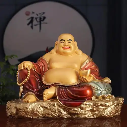 台湾纯铜彩绘弥勒佛摆件家用供奉大肚笑佛未来佛客厅招财弥勒佛像