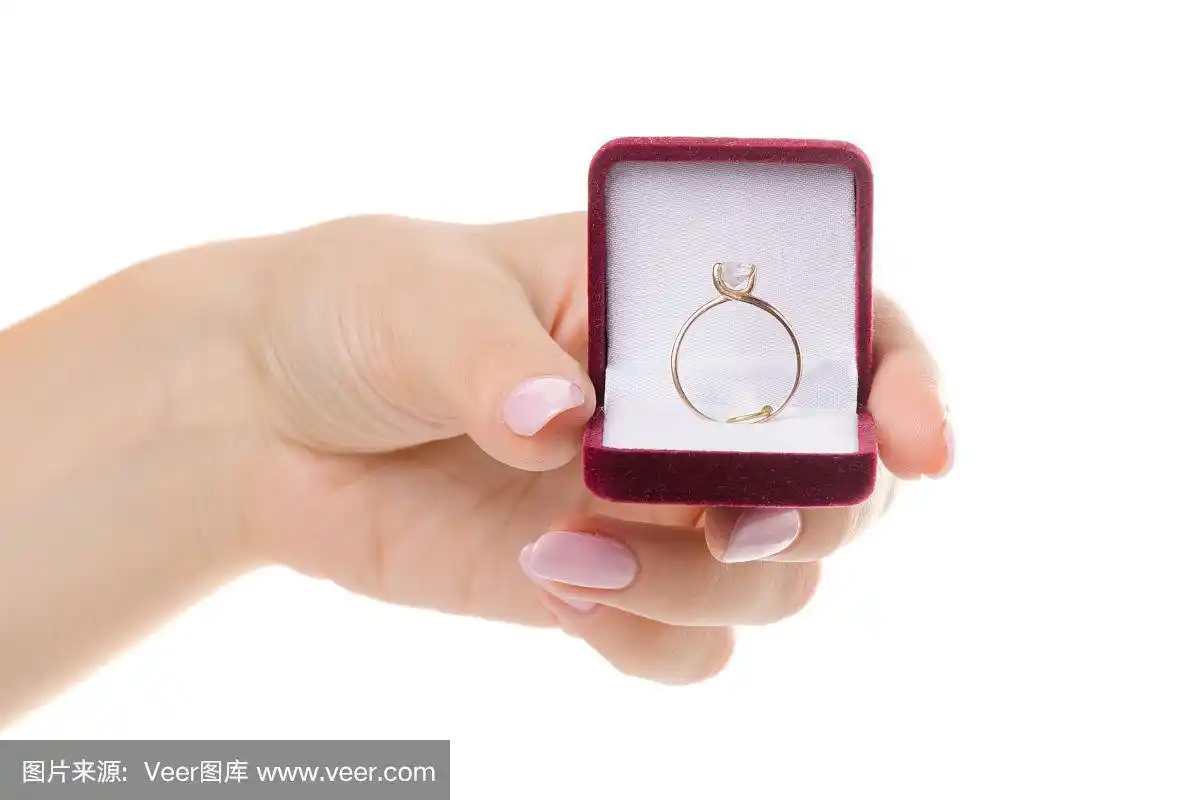 女人手里拿着盒子里的金戒指