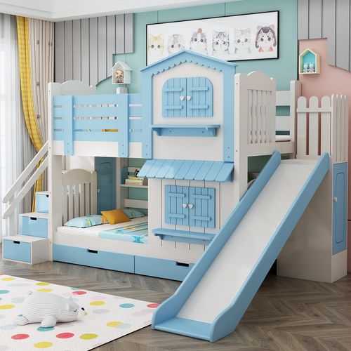 实木儿童上下床子母床铺女孩公主床粉色两层城堡高低床滑梯双层床