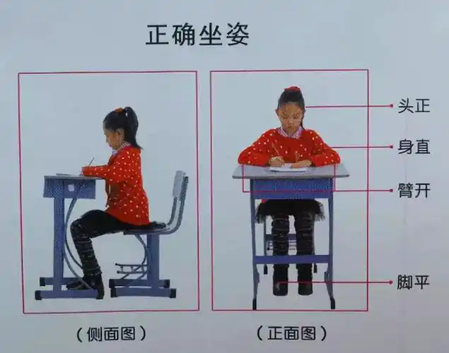 正确的坐姿:头正,肩平,身正,立腰挺胸;大腿自然平放,小腿自然垂直