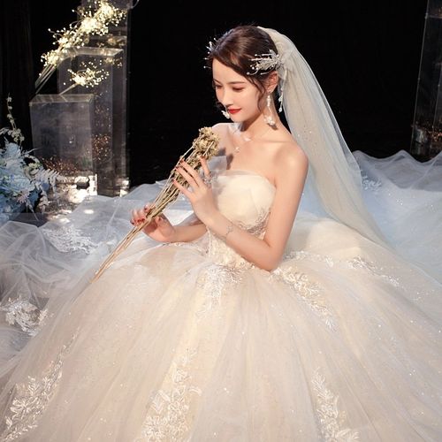 红妆饰佳 抹胸轻婚纱礼服2022新款新娘气质公主风星空简约拖尾主婚纱