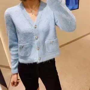 正品代购chanel/香奈儿女装 浅蓝杨幂同款针织开衫马海毛保暖毛衣