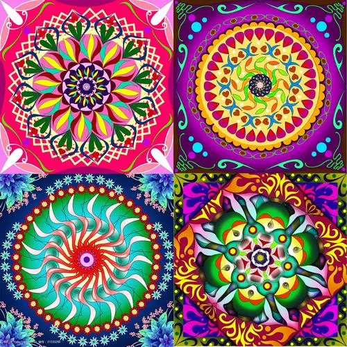 关键词:四幅各具特色纹样 彩色 四组 中心 方圆 平面