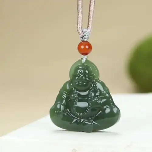 和田玉鸭蛋青青玉弥勒佛吊坠男女玉石吊坠天然玉石带证书定制款浅青色