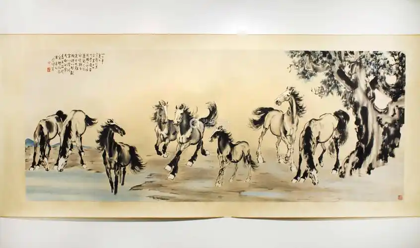 徐悲鸿款八骏图纸本设色镜心