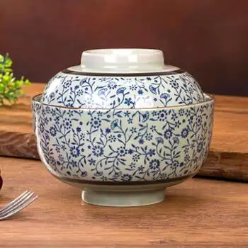 日式陶瓷大汤碗 带盖泡面碗家用 6.5英寸吉祥花盖碗