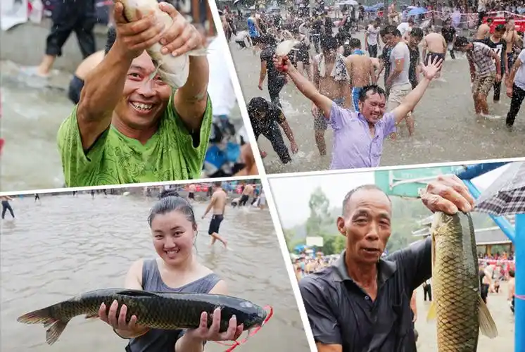 融安六月六闹鱼节捕鱼达人徒手抓大鱼图