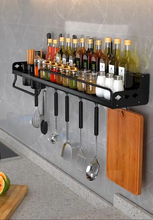 免打孔厨房架子置物架壁挂用品家用大全厨具收纳神器多功能调料架黑色