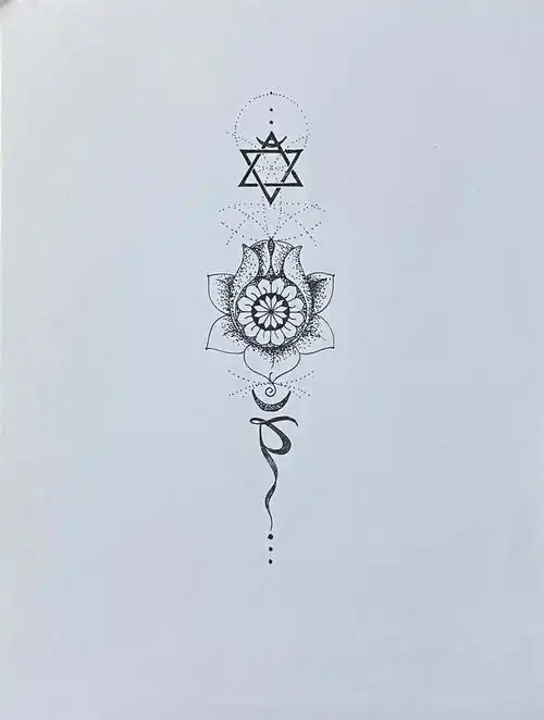 的特性;两个三角形代表了上升和下降的两个能量;中间是梵文种子字yam