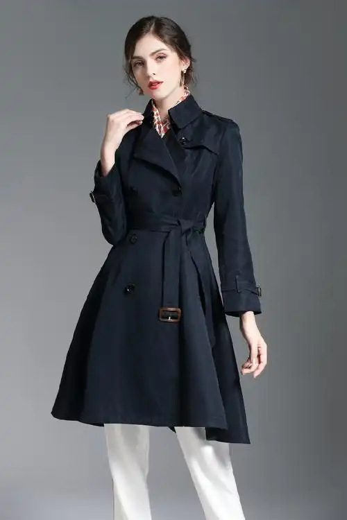 长袖修身风衣裙摆时尚女装中长双排英伦