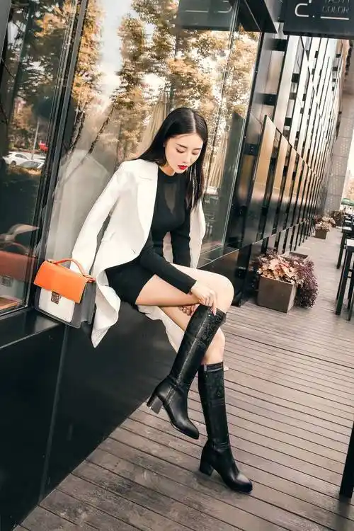 马术靴女西部牛仔靴中跟马术靴长筒靴子女不过膝英伦风高筒骑士靴黑色