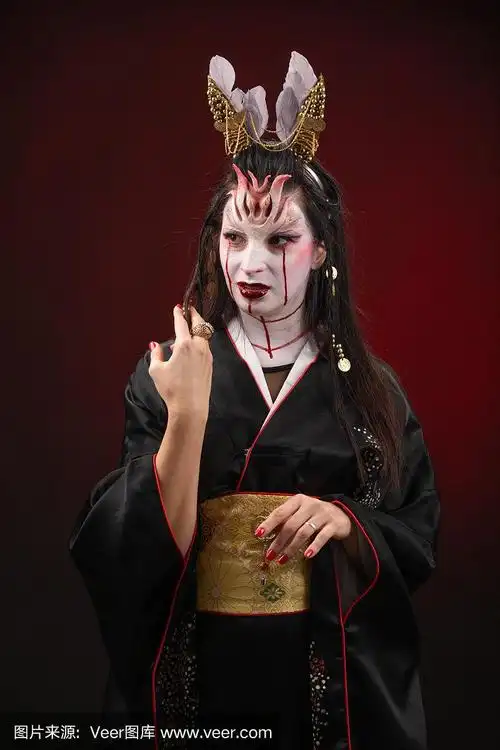 巫女在可怕的女巫鬼故事看,嘴血伤口黑色的长发,工作室灯光暗红色的