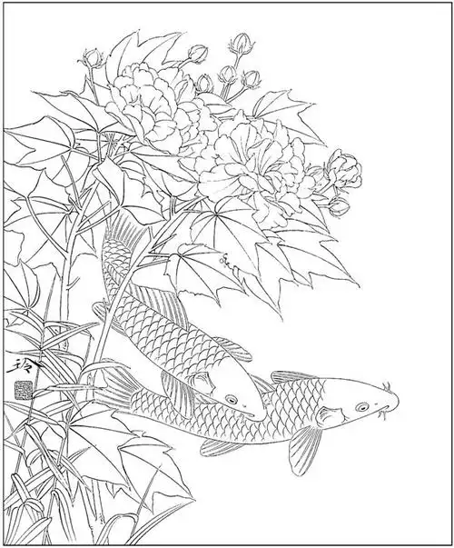 工笔画底稿鱼稿牡丹鲤鱼竖副白描打印稿宣纸有步骤国画
