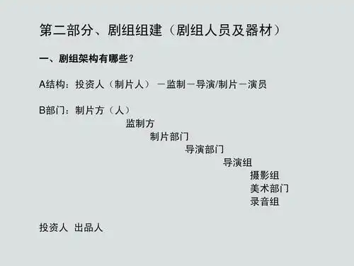 第二部分,剧组组建(剧组人员及器材) 一,剧组架构有哪些?