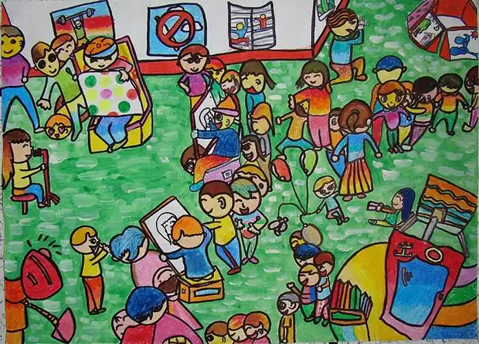 水粉画热闹的广场