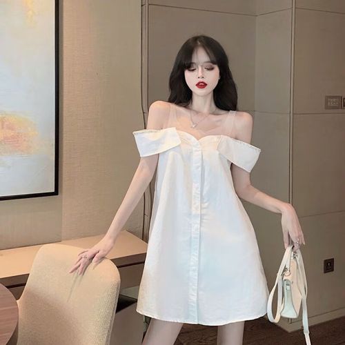 个子心机露肩连衣裙夏天纯欲性感性感心机一字肩吊带连衣裙女20 白色