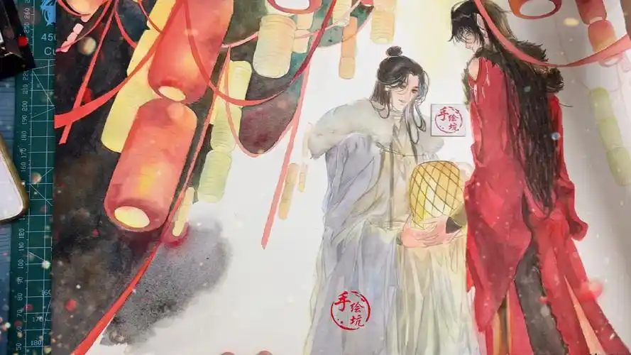 水彩手绘上元节天官赐福花怜为你明灯三千