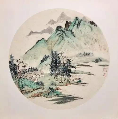 袁丽仿古山水画__团扇