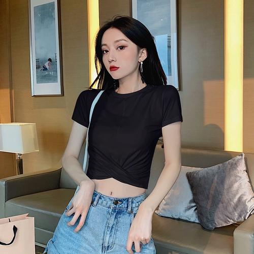 黑色修身显瘦高腰短款短袖t恤女夏 爵士泫雅风漏肚脐紧身露脐上衣