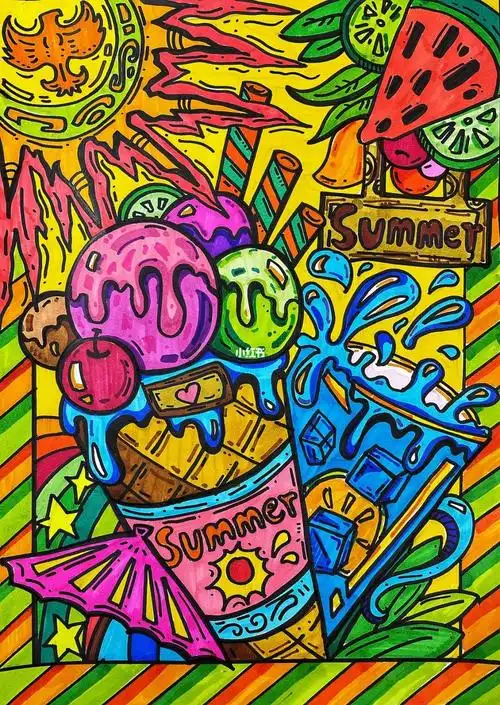 着夏天的绘画作品9126615图中出现的都是很有代表性的夏日元素
