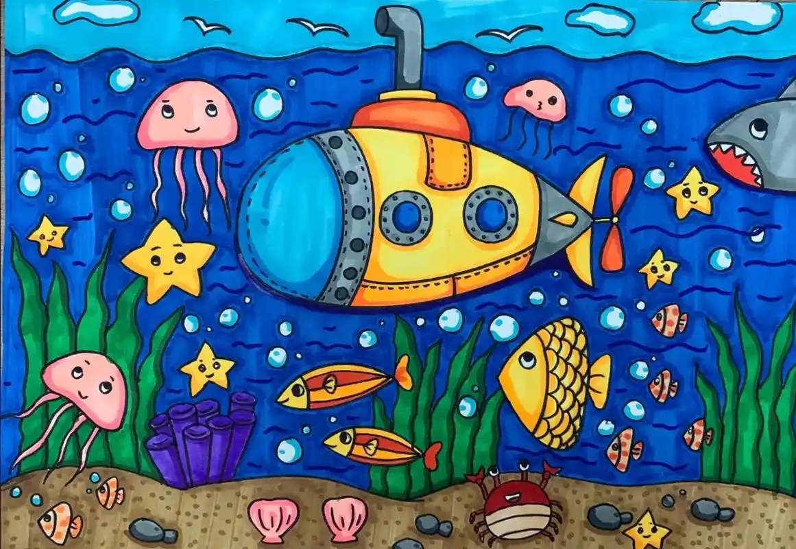 潜水艇海底世界创意儿童画海洋动物水草.#创作灵感 #创意美术 - 抖音