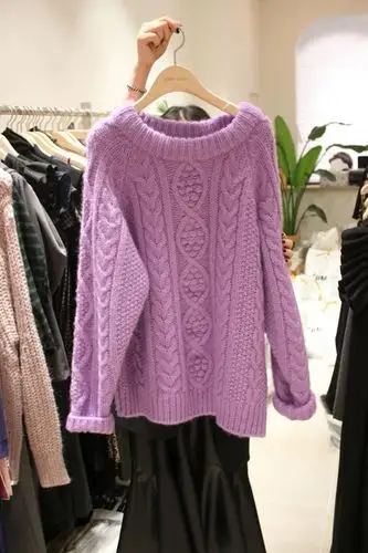 韩国东大门2021秋冬新款纯色编织麻花花纹套头毛衣