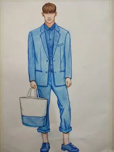 彩铅穿蓝色套装的提包男模