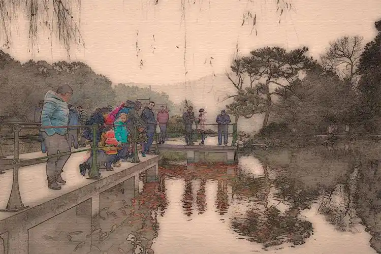 花港观鱼风景工笔画