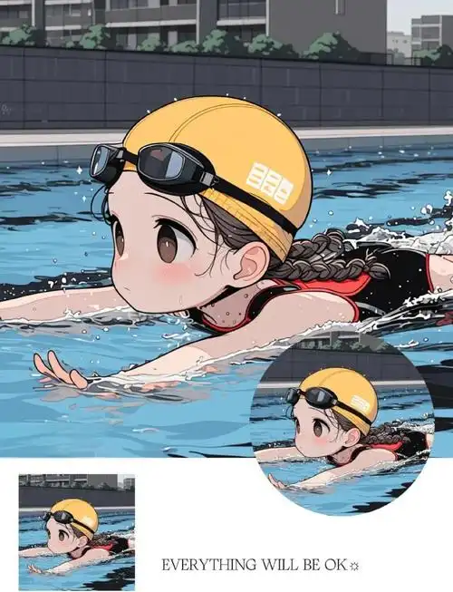 游泳女孩的动态头像插画,活力四溢的夏日风