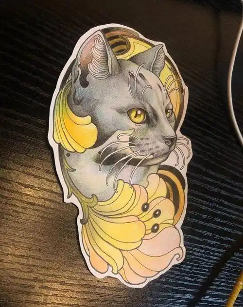 猫咪纹身图片_腿部手臂new school纹身图案