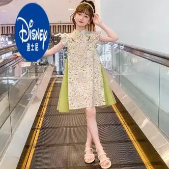 迪士尼女童连衣裙2024新款夏季儿童汉服洋气旗袍公主裙大童夏装女孩