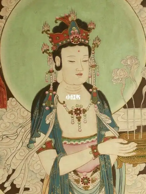 张大千真迹绢本工笔青绿重彩描金观世音菩萨群仙图一幅,8.