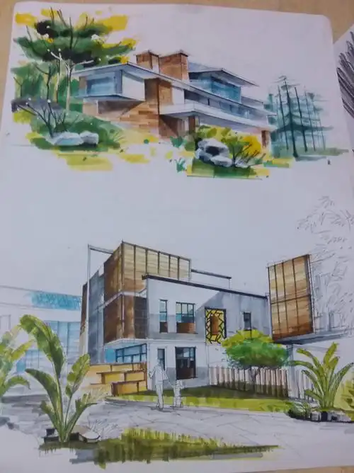 学堂马克笔水彩建筑表现图流水别墅