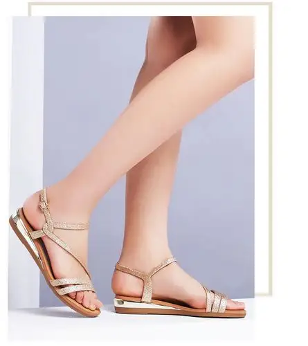 意尔康女鞋2017夏季新款罗马凉鞋女细带一字带平底时尚休闲度假鞋