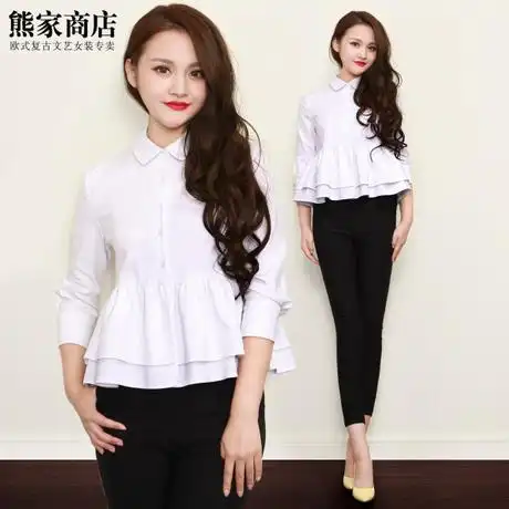 vc秋装新款 复古经典双层荷叶边下摆加厚面料元宝领长袖女式衬衫