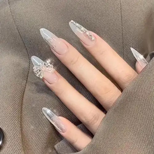 冰透排钻蝴蝶气质美甲长款假指甲圆头穿戴甲可反复摘戴女指甲贴片