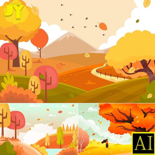 橙色系落叶hello autumn卡通森系治愈系秋季自然风景插画ai素材