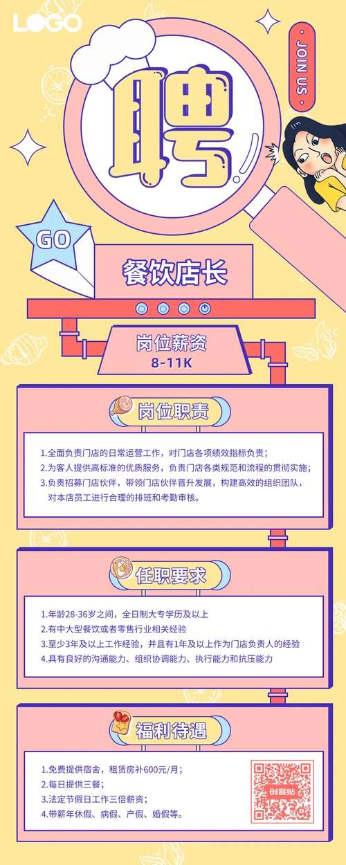 招聘餐饮店长卡通清新长图海报