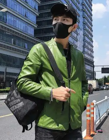 秋冬皮衣男外套潮流修身短款长袖韩版型帅气夹 绿色 xl