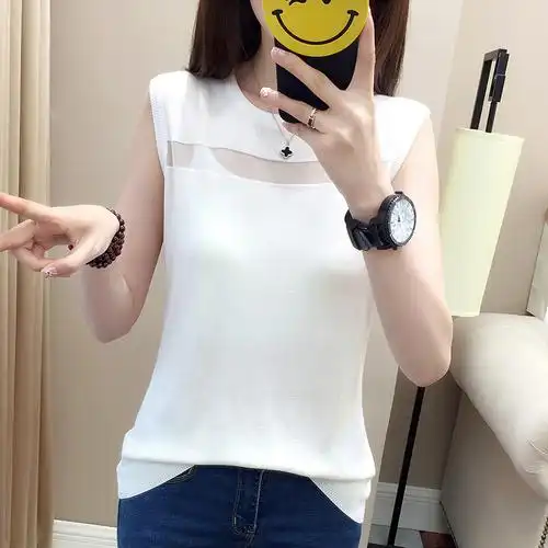 背心女夏外穿上衣女无袖t恤打底百搭短款内搭宽松简约冰丝针织衫白色s